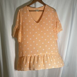 CATO EST 1946 orange white polka dot flounce sleeve hem semi sheer overlay top M